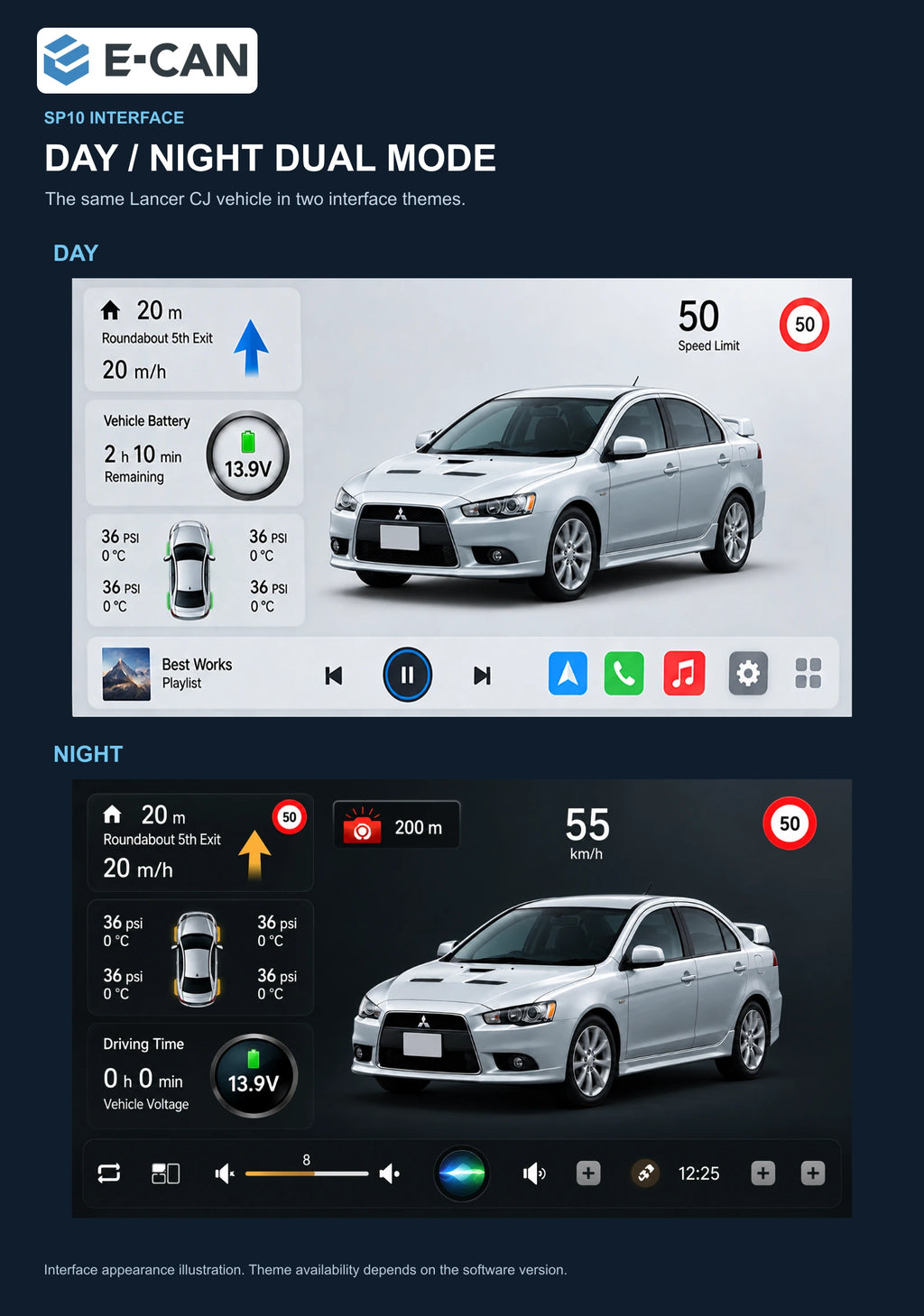 Mitsubishi Lancer CJ 2007–2012 10.1-inch — 06b day night ui; interface illustration; LHD pictured, select LHD or RHD version