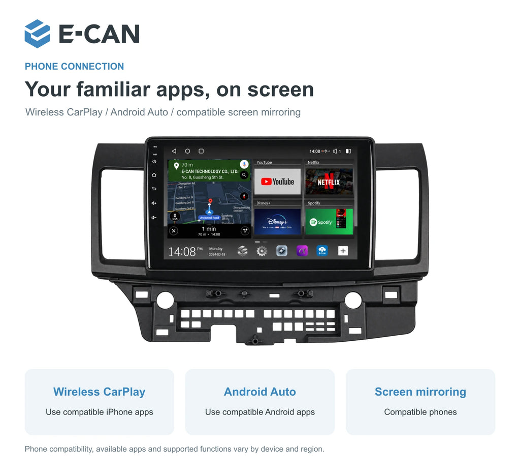 Mitsubishi Lancer CJ 2007–2012 10.1-inch — 07 wireless phone link; interface illustration; LHD pictured, select LHD or RHD version