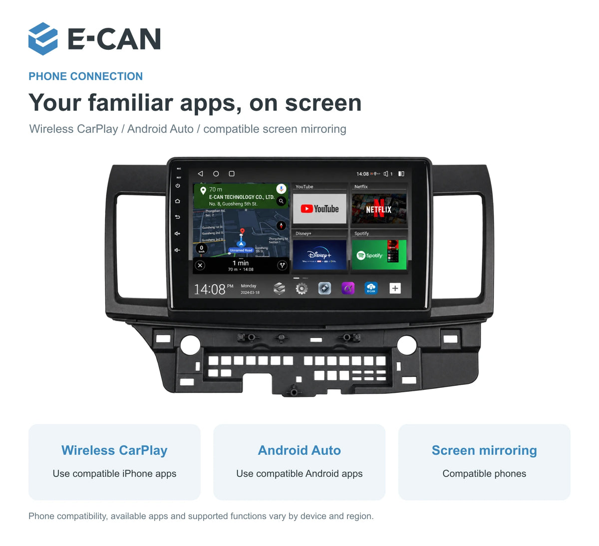 Mitsubishi Lancer CJ 2007–2012 10.1-inch — 07 wireless phone link; interface illustration; LHD pictured, select LHD or RHD version