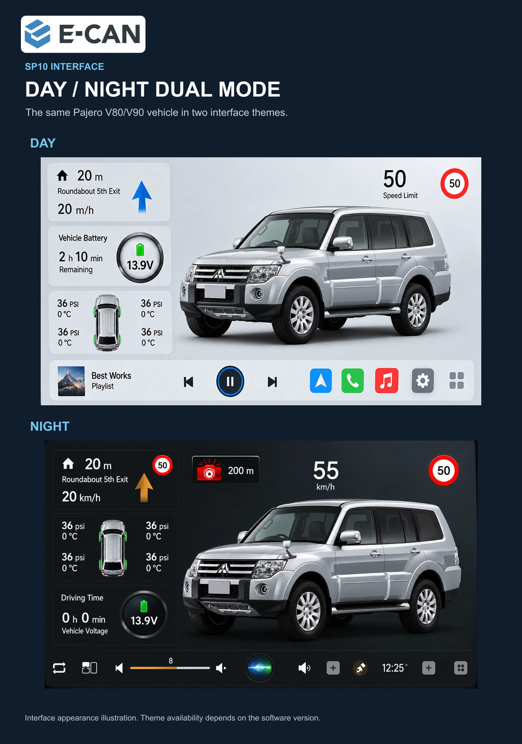 Mitsubishi Pajero V80/V90 2007–2019 9-inch — 06b day night ui; interface illustration