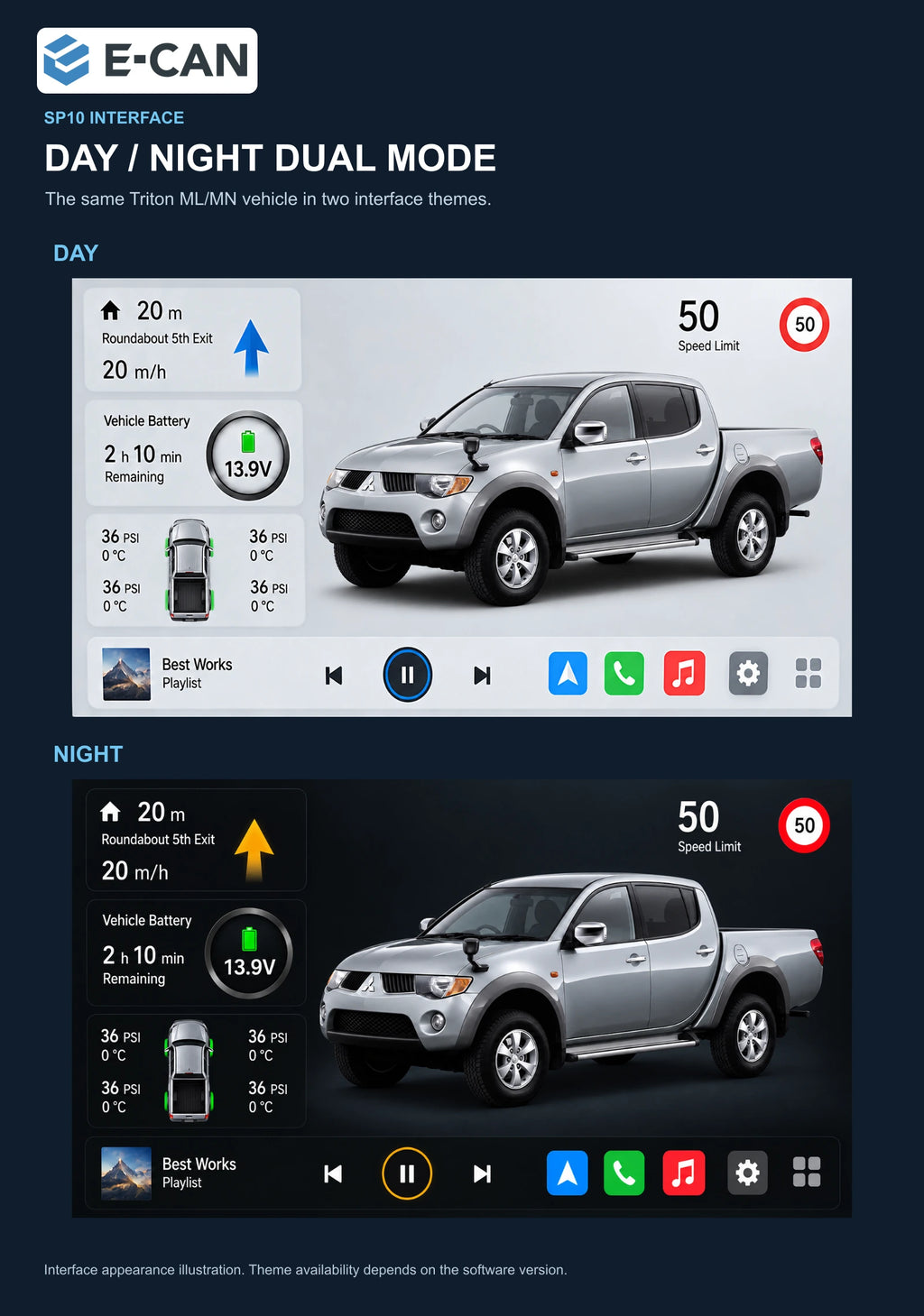 Mitsubishi Triton ML/MN 2008–2014 9-inch — 06b day night ui; interface illustration