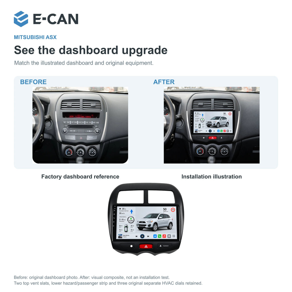 Mitsubishi ASX 2013–2016 10.1-inch — 03 installation comparison; installation illustration, not a physical test