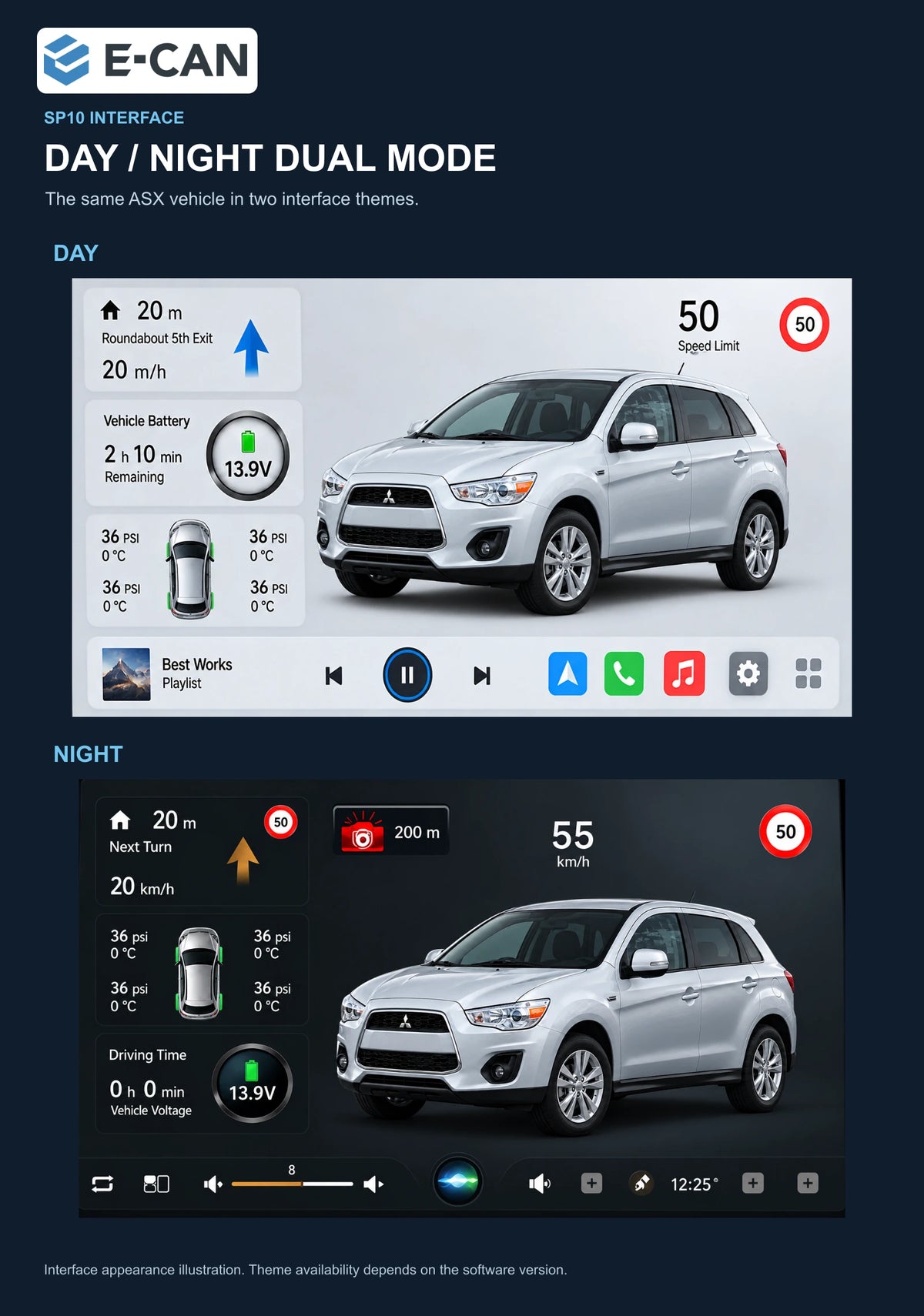 Mitsubishi ASX 2013–2016 10.1-inch — 06b day night ui; interface illustration