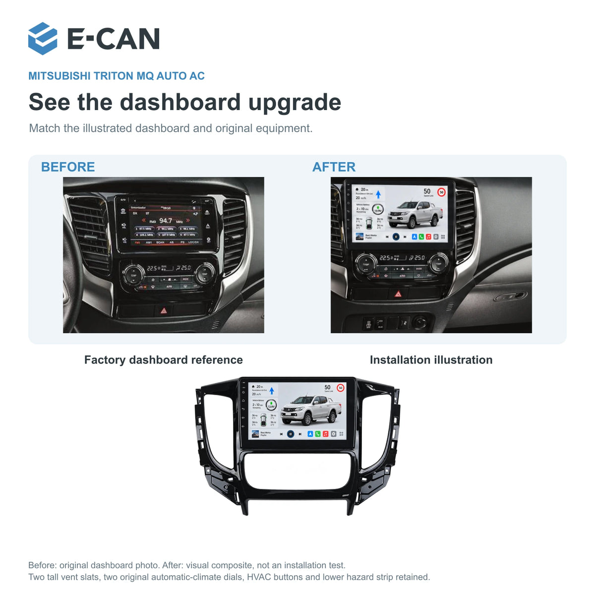 Mitsubishi Triton MQ Auto AC 2015–2018 9-inch — 03 installation comparison; installation illustration, not a physical test