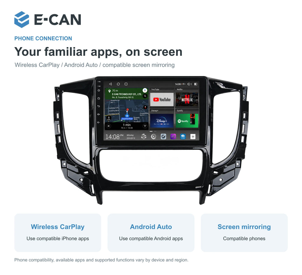 Mitsubishi Triton MQ Auto AC 2015–2018 9-inch — 07 wireless phone link; interface illustration