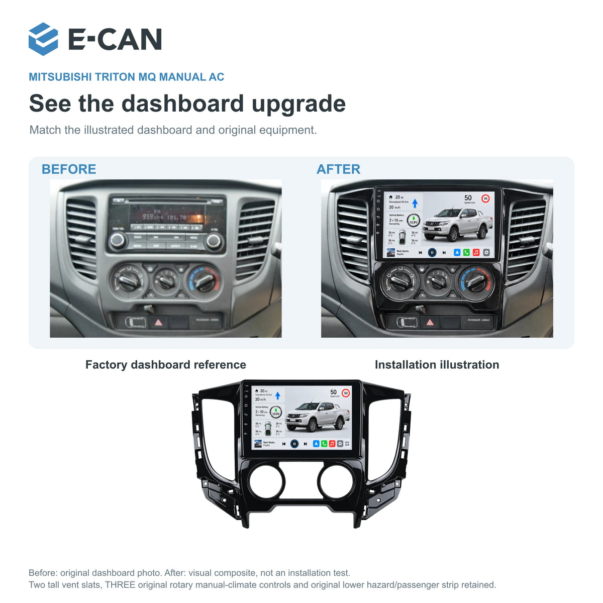 Mitsubishi Triton MQ Manual AC 2016–2018 9-inch — 03 installation comparison; installation illustration, not a physical test