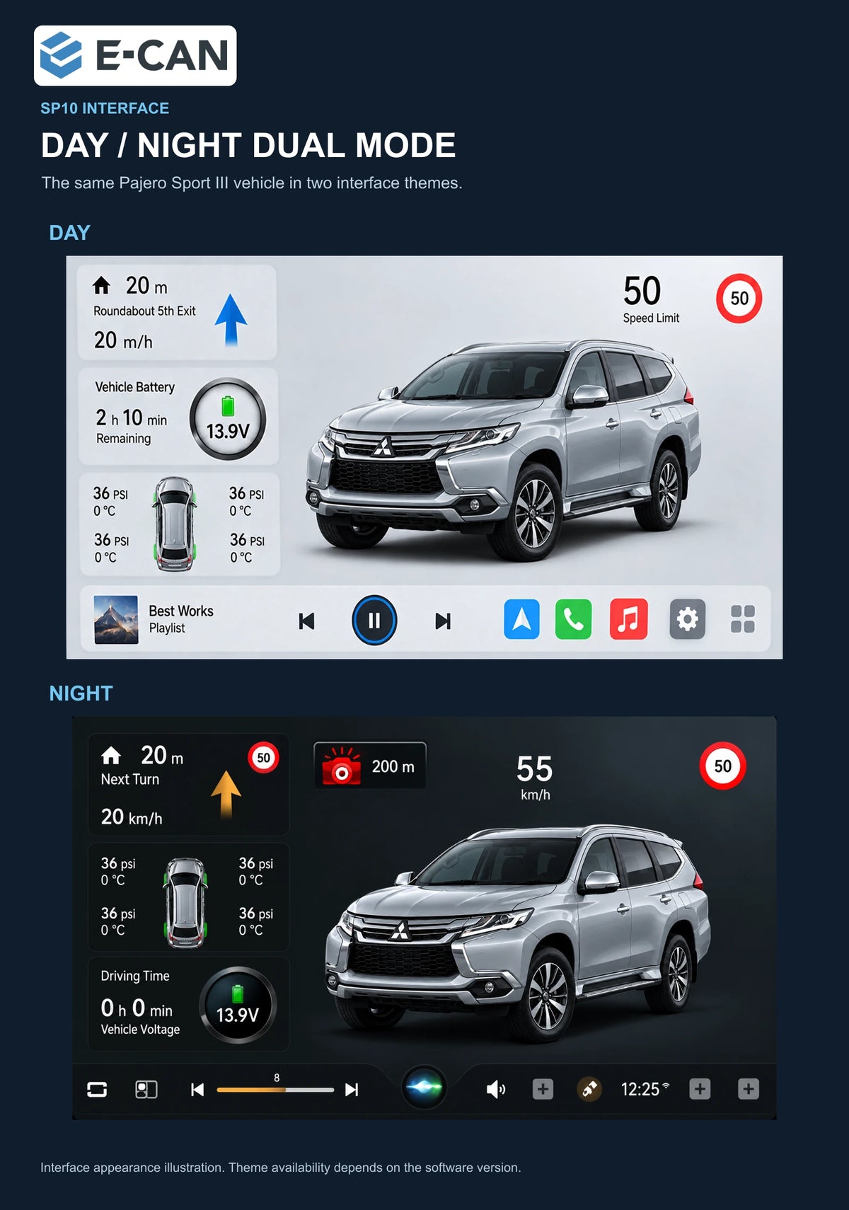Mitsubishi Pajero Sport III 2016–2018 9-inch — 06b day night ui; interface illustration