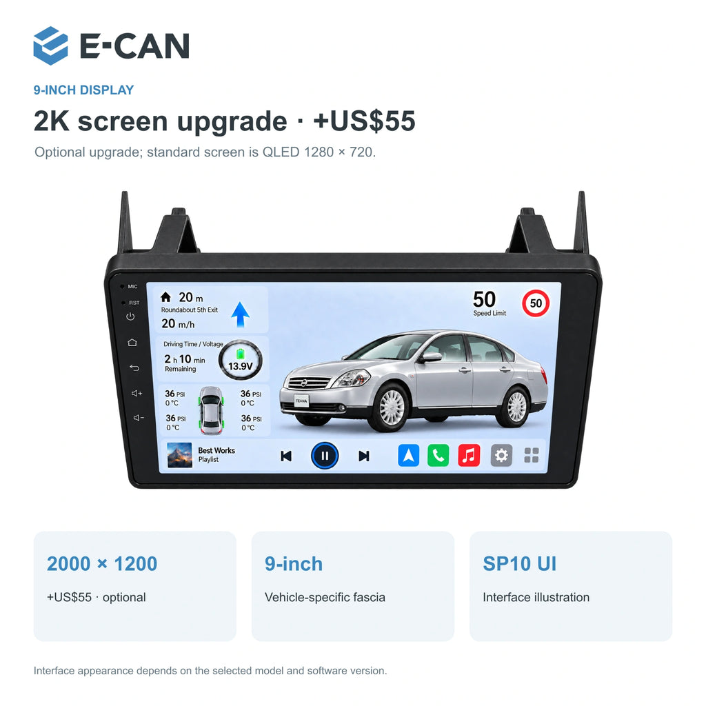 Nissan Teana J31 2004–2007, 9-inch RHD fascia: 02 2k display. Standard QLED1280x720; 2K screens optional.