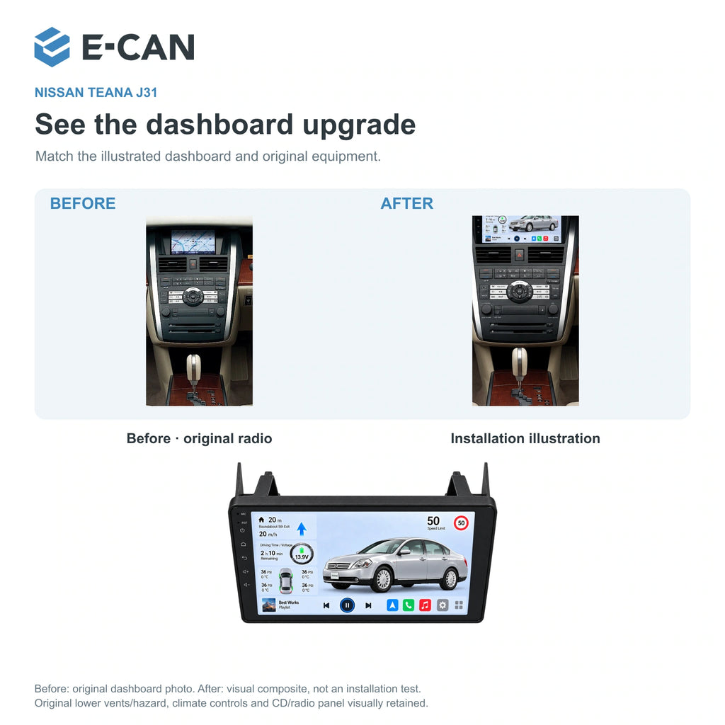 Nissan Teana J31 2004–2007, 9-inch RHD fascia: 03 installation comparison. Standard QLED1280x720; 2K screens optional.