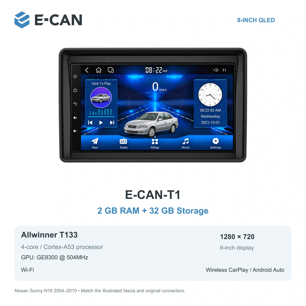 Nissan Sunny N16 2004–2010, 9-inch RHD fascia: 01 t1 2 32gb. Standard QLED1280x720; 2K screens optional.