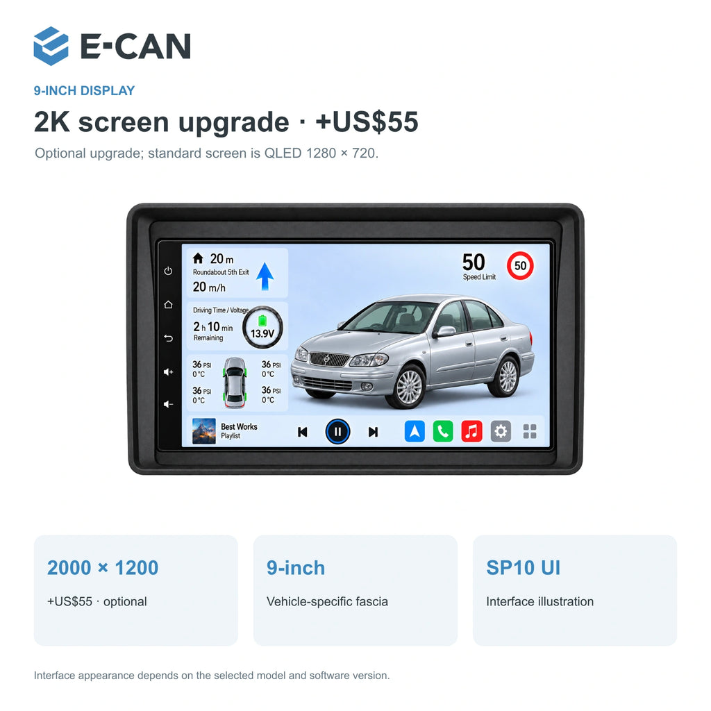 Nissan Sunny N16 2004–2010, 9-inch RHD fascia: 02 2k display. Standard QLED1280x720; 2K screens optional.