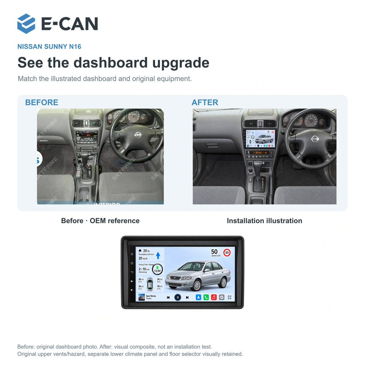 Nissan Sunny N16 2004–2010, 9-inch RHD fascia: 03 installation comparison. Standard QLED1280x720; 2K screens optional.
