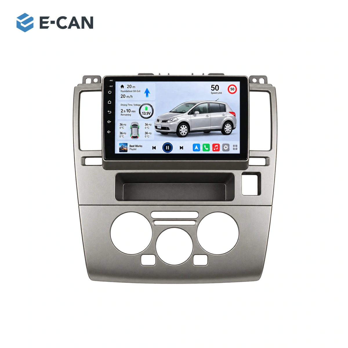 Nissan Tiida C11 · manual climate 2005–2010, 9-inch LHD fascia: 01 product white. Standard QLED1280x720; 2K screens optional.