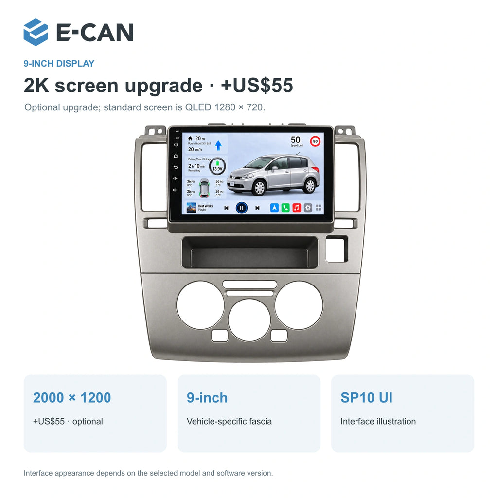 Nissan Tiida C11 · manual climate 2005–2010, 9-inch LHD fascia: 02 2k display. Standard QLED1280x720; 2K screens optional.