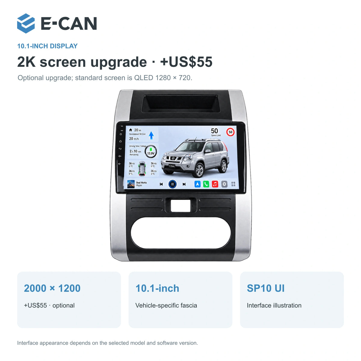 Nissan X-Trail T31 2008–2012, 10.1-inch RHD fascia: 02 2k display. Standard QLED1280x720; 2K screens optional.