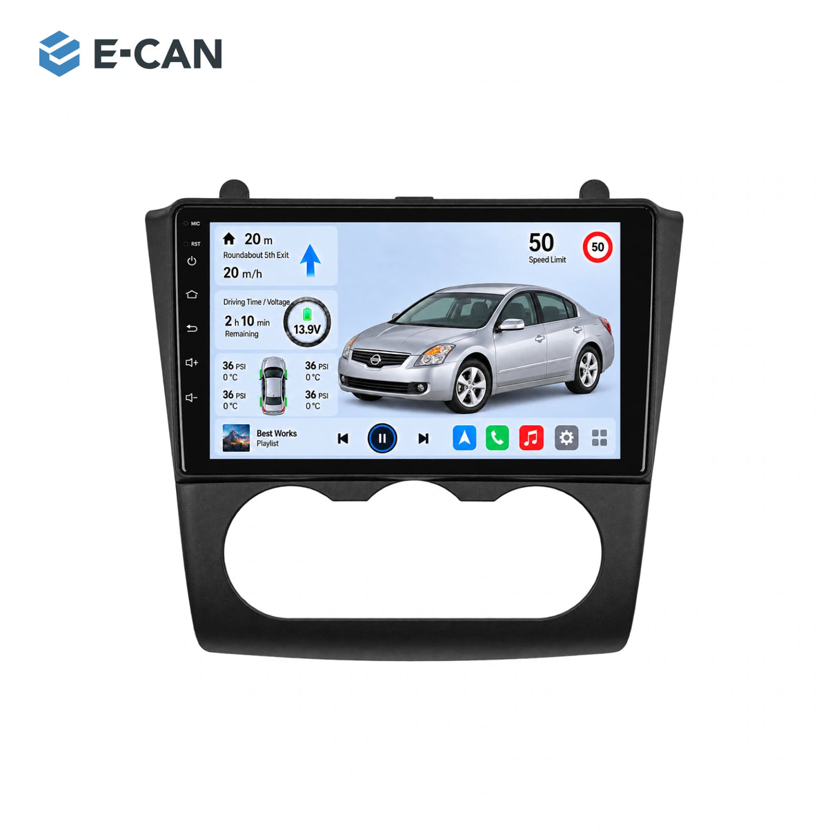 Nissan Altima L32 · manual climate 2008–2012, 9-inch LHD fascia: 01 product white. Standard QLED1280x720; 2K screens optional.