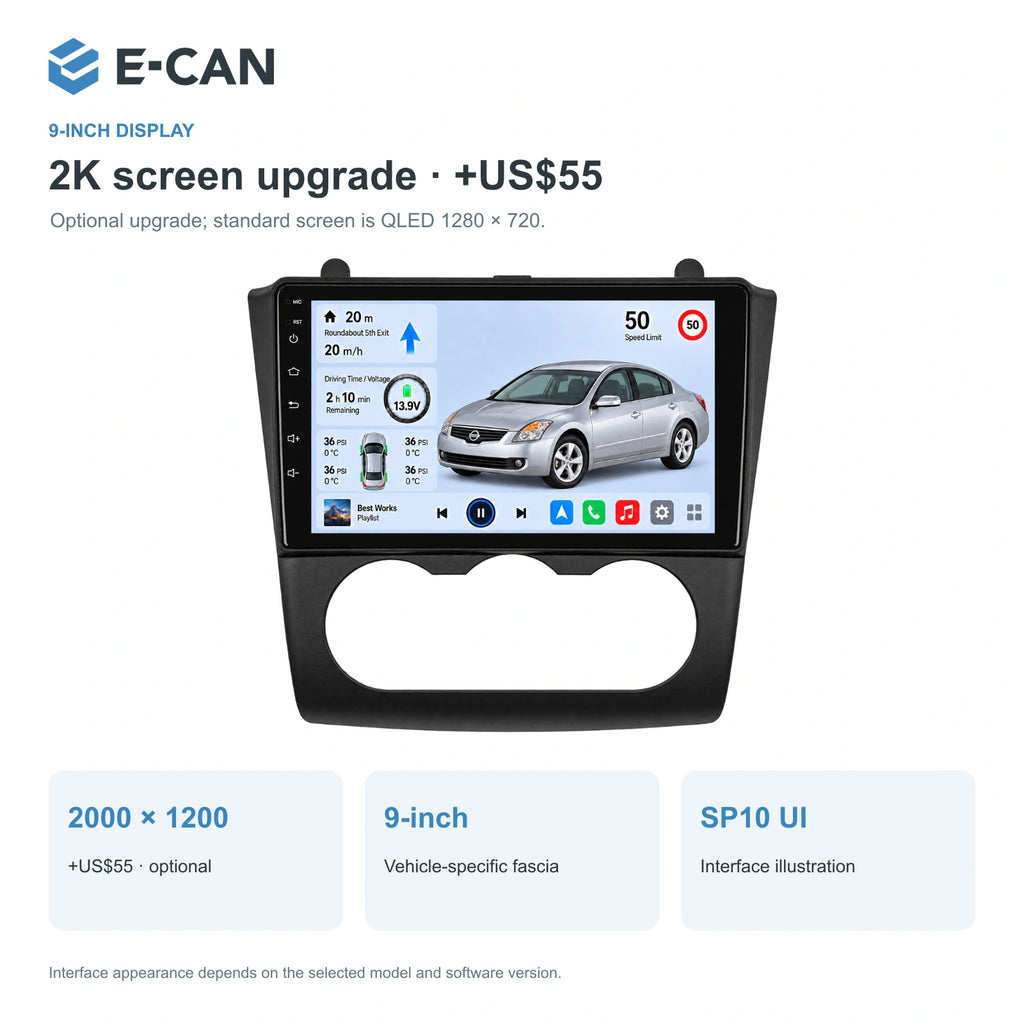 Nissan Altima L32 · manual climate 2008–2012, 9-inch LHD fascia: 02 2k display. Standard QLED1280x720; 2K screens optional.