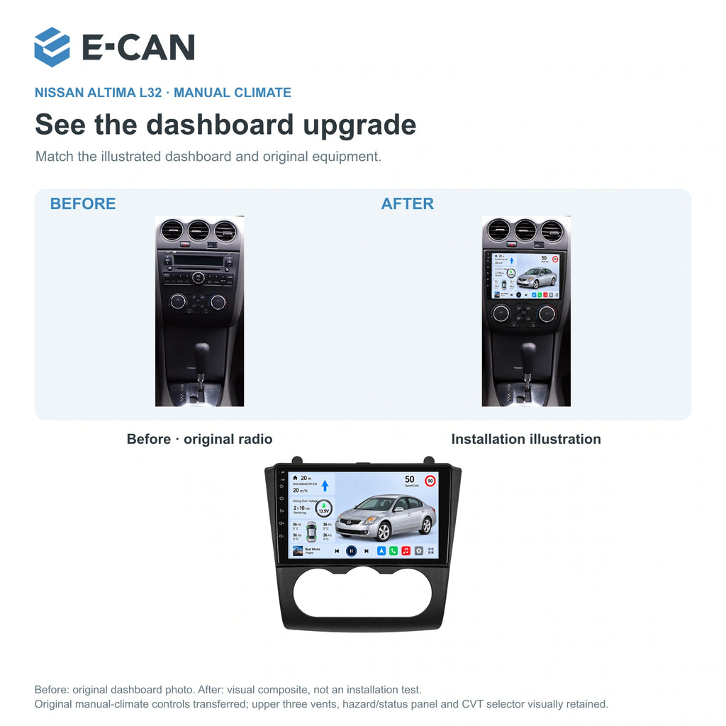 Nissan Altima L32 · manual climate 2008–2012, 9-inch LHD fascia: 03 installation comparison. Standard QLED1280x720; 2K screens optional.