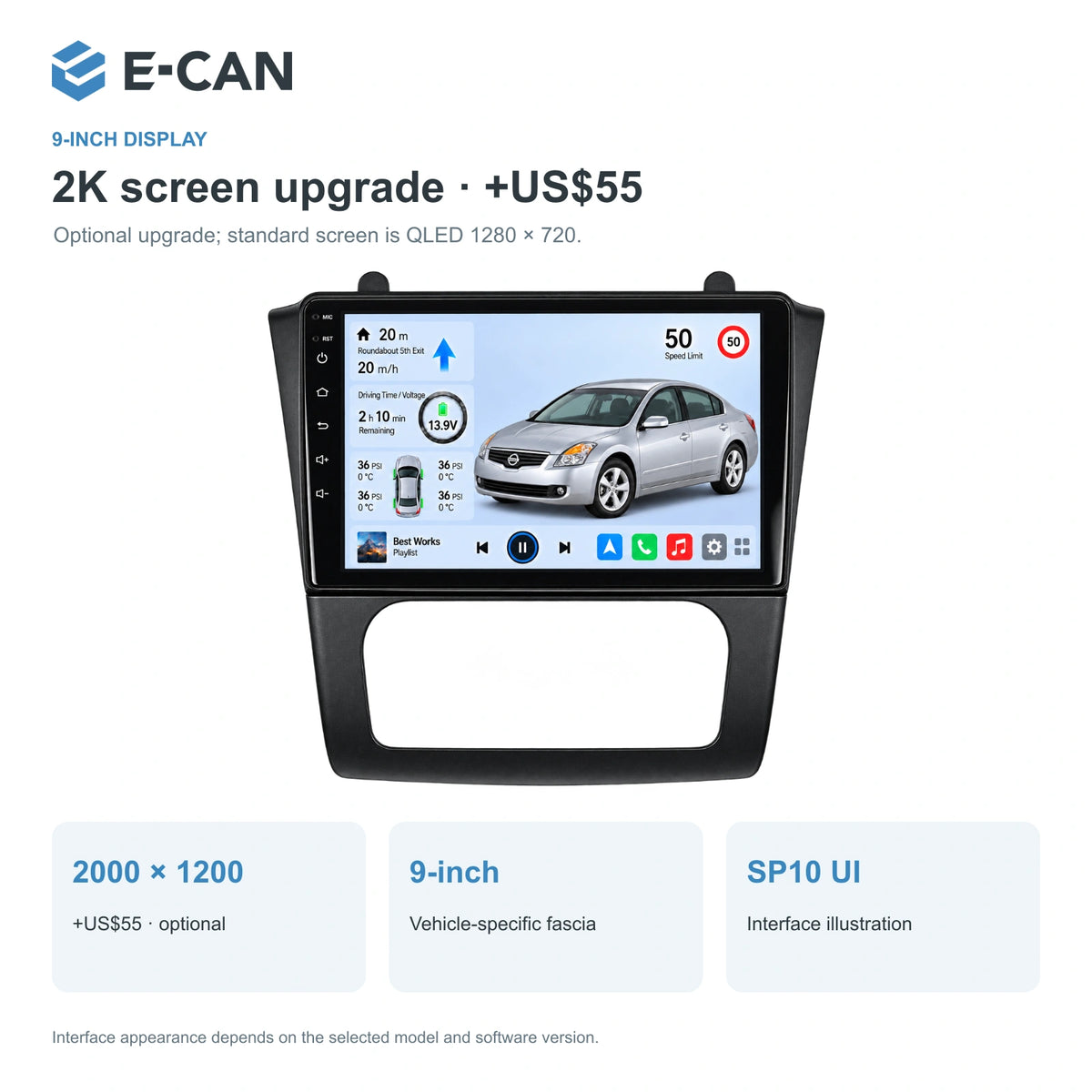Nissan Altima L32 · auto climate 2008–2012, 9-inch LHD fascia: 02 2k display. Standard QLED1280x720; 2K screens optional.