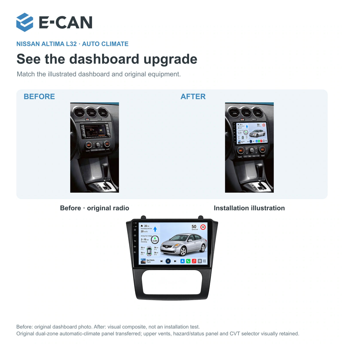 Nissan Altima L32 · auto climate 2008–2012, 9-inch LHD fascia: 03 installation comparison. Standard QLED1280x720; 2K screens optional.