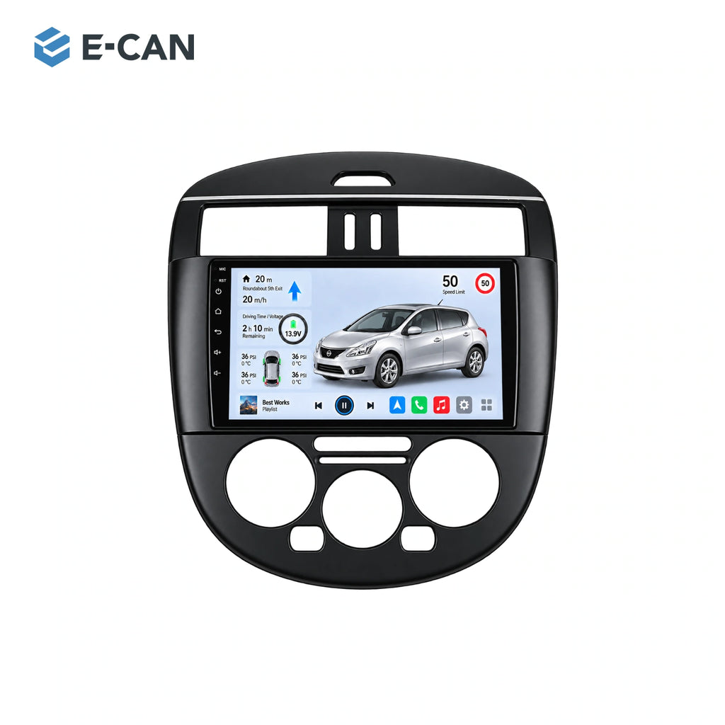 Nissan Tiida C12 · manual climate 2011–2015, 9-inch LHD fascia: 01 product white. Standard QLED1280x720; 2K screens optional.