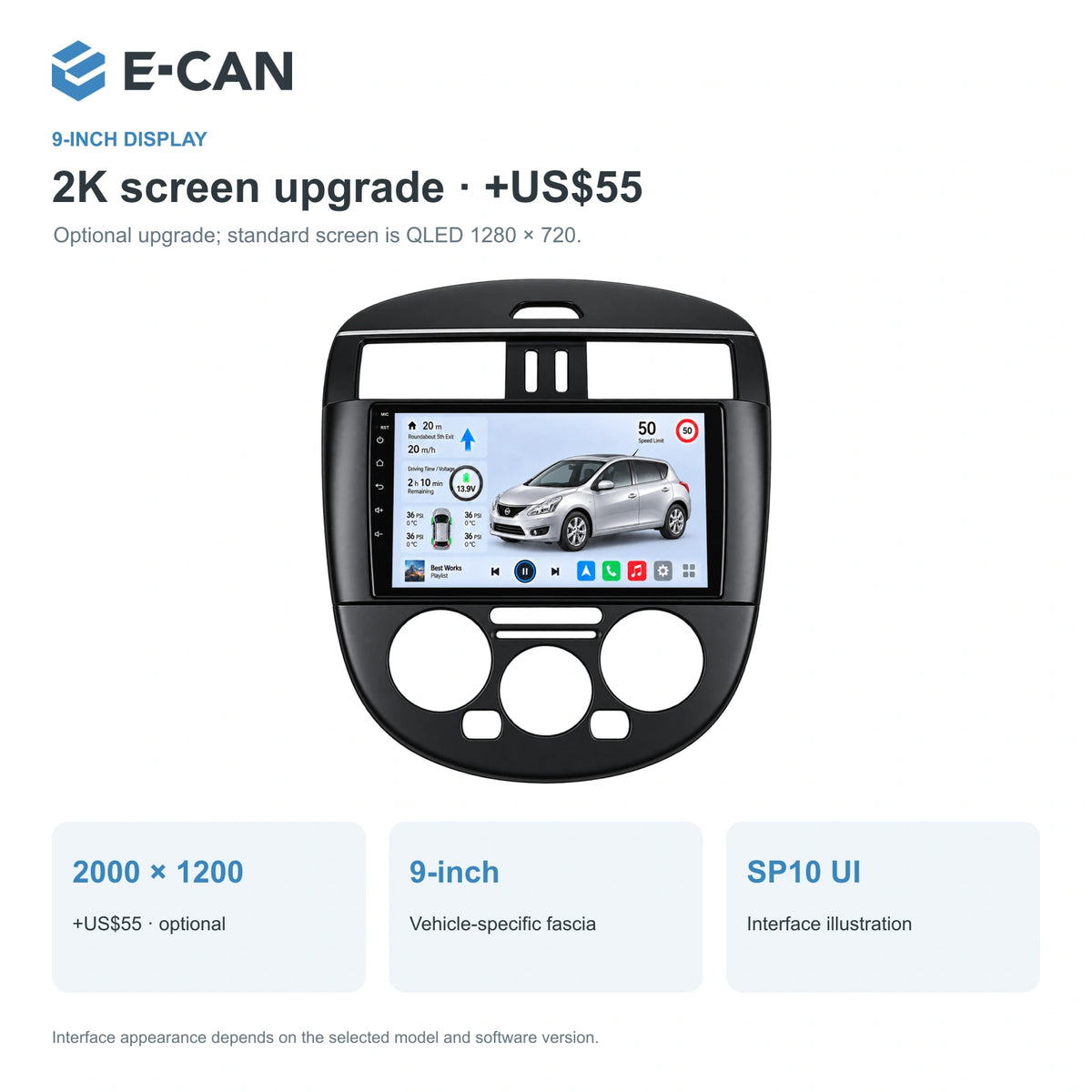 Nissan Tiida C12 · manual climate 2011–2015, 9-inch LHD fascia: 02 2k display. Standard QLED1280x720; 2K screens optional.