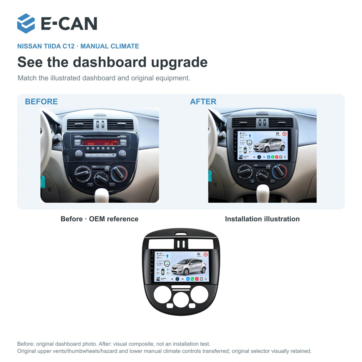 Nissan Tiida C12 · manual climate 2011–2015, 9-inch LHD fascia: 03 installation comparison. Standard QLED1280x720; 2K screens optional.