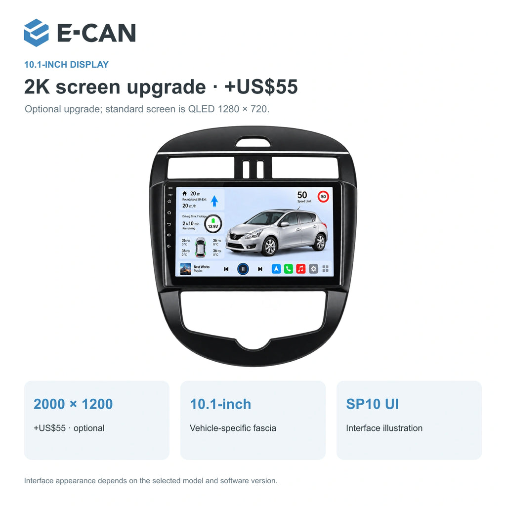 Nissan Tiida C12 · auto climate 2011–2015, 10.1-inch LHD fascia: 02 2k display. Standard QLED1280x720; 2K screens optional.