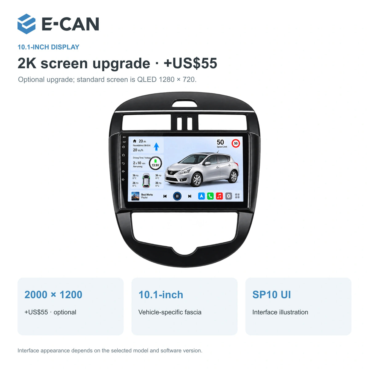 Nissan Tiida C12 · auto climate 2011–2015, 10.1-inch LHD fascia: 02 2k display. Standard QLED1280x720; 2K screens optional.