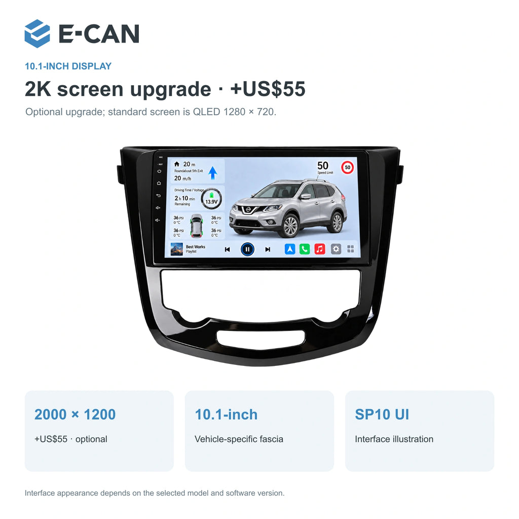 Nissan X-Trail T32 · auto climate 2014, 10.1-inch LHD fascia: 02 2k display. Standard QLED1280x720; 2K screens optional.