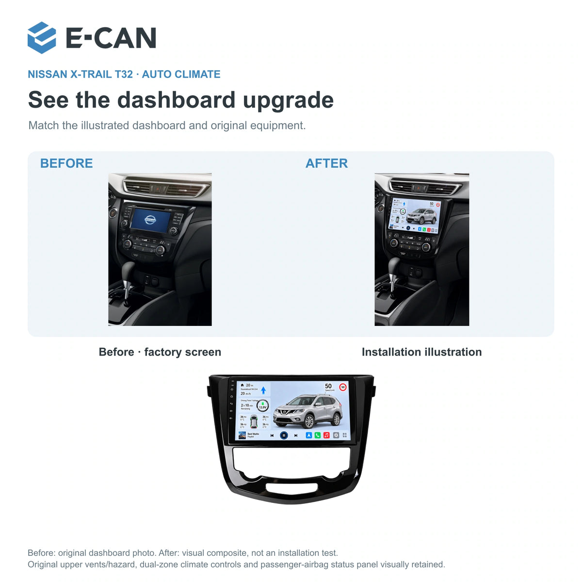 Nissan X-Trail T32 · auto climate 2014, 10.1-inch LHD fascia: 03 installation comparison. Standard QLED1280x720; 2K screens optional.