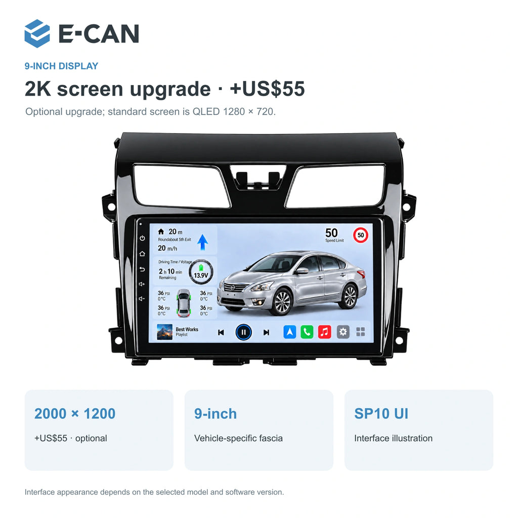Nissan Teana L33 2013–2018, 9-inch LHD fascia: 02 2k display. Standard QLED1280x720; 2K screens optional.