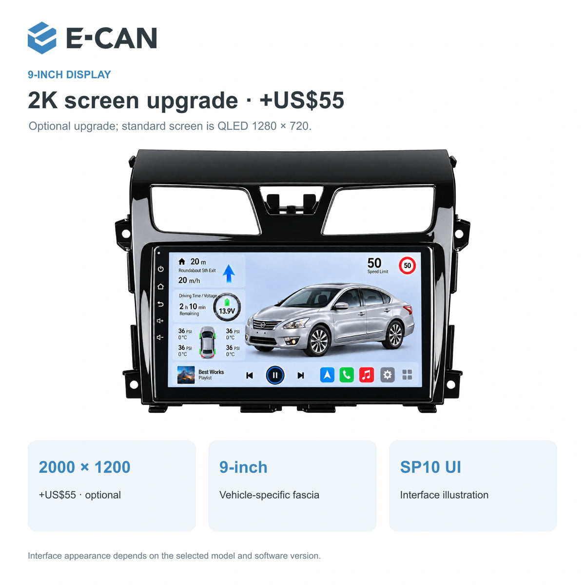 Nissan Teana L33 2013–2018, 9-inch LHD fascia: 02 2k display. Standard QLED1280x720; 2K screens optional.