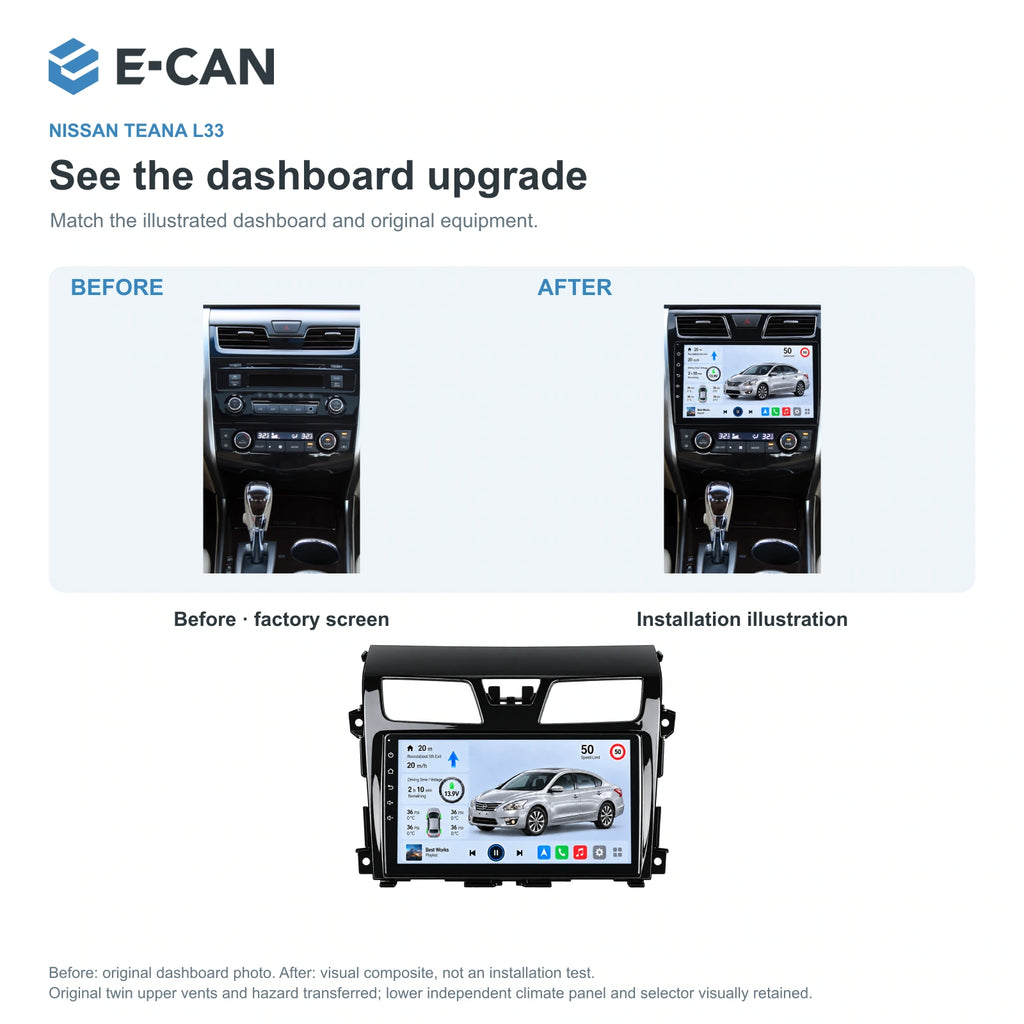 Nissan Teana L33 2013–2018, 9-inch LHD fascia: 03 installation comparison. Standard QLED1280x720; 2K screens optional.