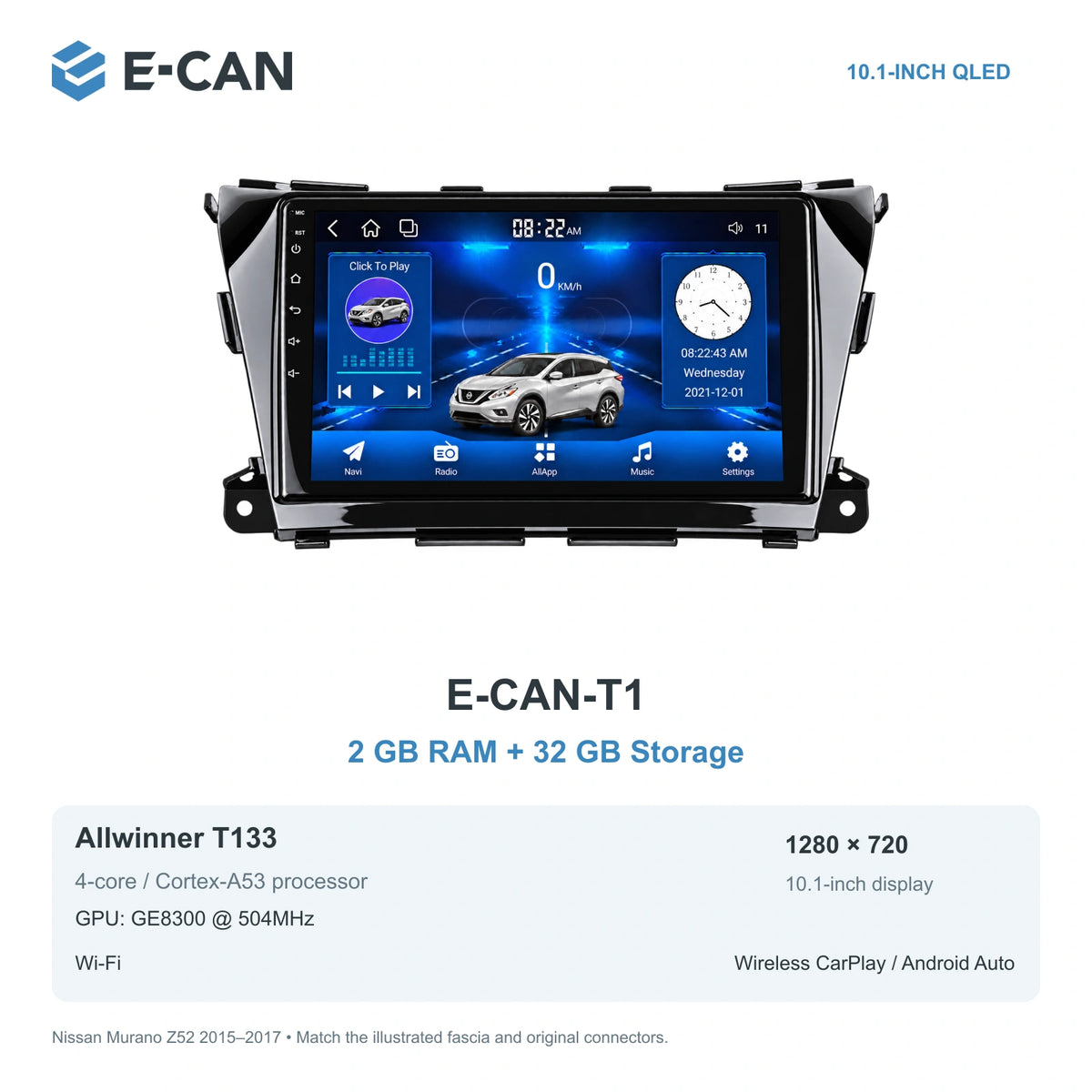 Nissan Murano Z52 2015–2017, 10.1-inch LHD fascia: 01 t1 2 32gb. Standard QLED1280x720; 2K screens optional.