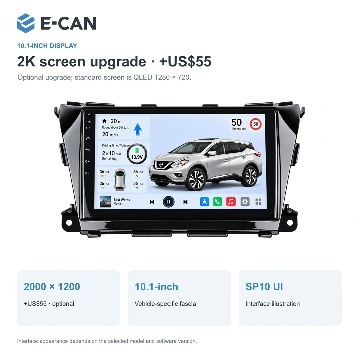 Nissan Murano Z52 2015–2017, 10.1-inch LHD fascia: 02 2k display. Standard QLED1280x720; 2K screens optional.
