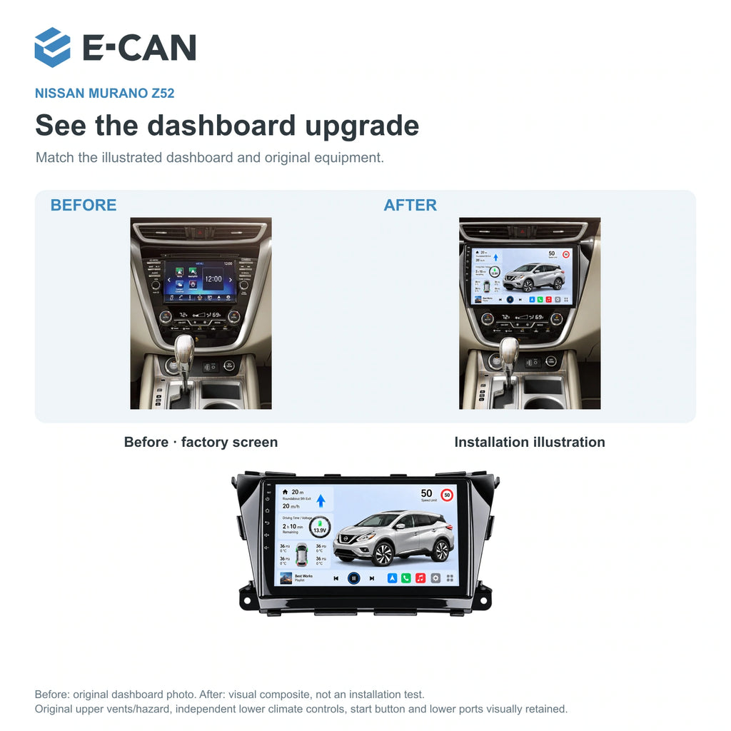 Nissan Murano Z52 2015–2017, 10.1-inch LHD fascia: 03 installation comparison. Standard QLED1280x720; 2K screens optional.