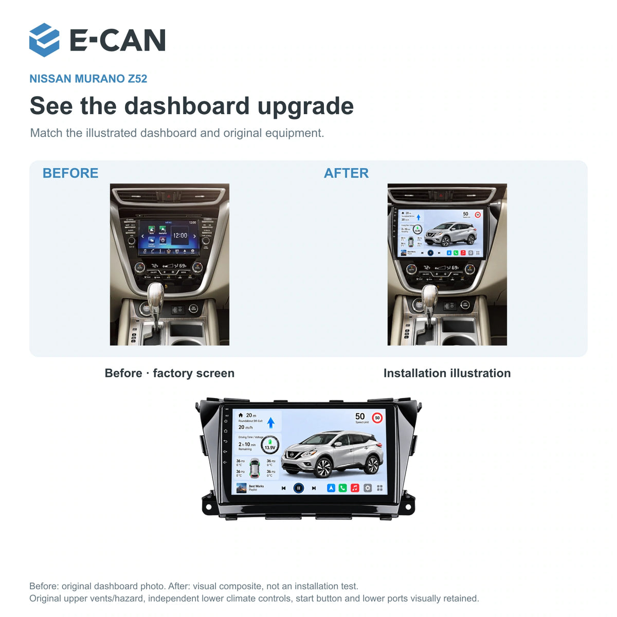Nissan Murano Z52 2015–2017, 10.1-inch LHD fascia: 03 installation comparison. Standard QLED1280x720; 2K screens optional.