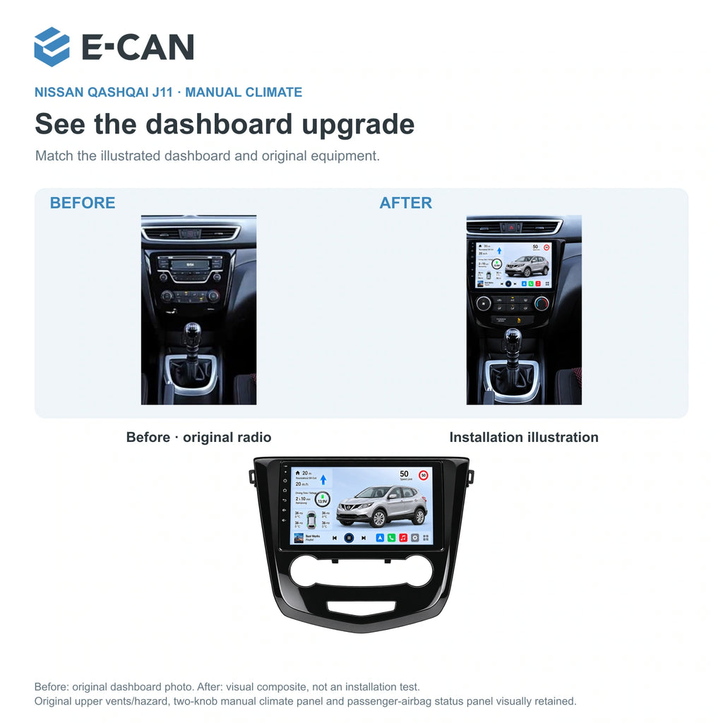 Nissan Qashqai J11 · manual climate 2016, 10.1-inch LHD fascia: 03 installation comparison. Standard QLED1280x720; 2K screens optional.