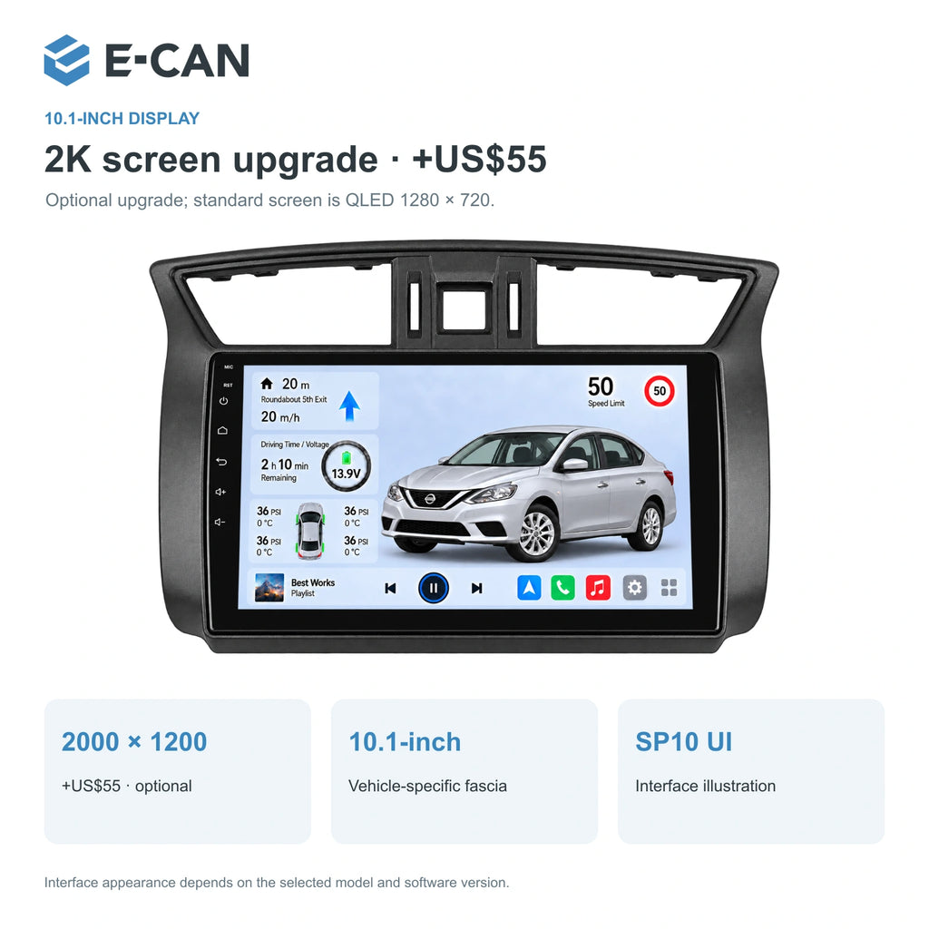 Nissan Sylphy B17 · large matte charcoal fascia 2016, 10.1-inch LHD fascia: 02 2k display. Standard QLED1280x720; 2K screens optional.