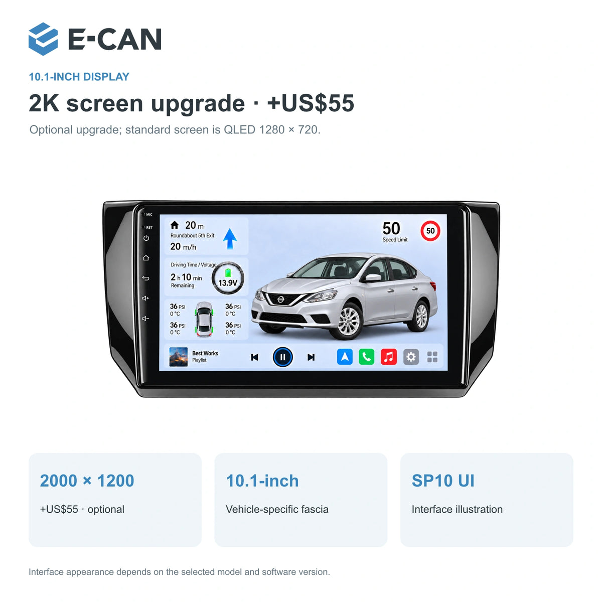 Nissan Sylphy B17 · compact gloss-black fascia 2016, 10.1-inch LHD fascia: 02 2k display. Standard QLED1280x720; 2K screens optional.