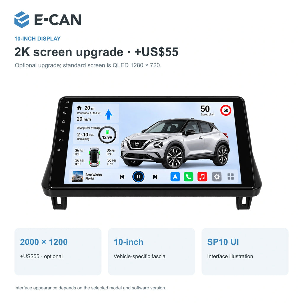 Nissan Juke F16 2019–2023, 10-inch RHD fascia: 02 2k display. Standard QLED1280x720; 2K screens optional.