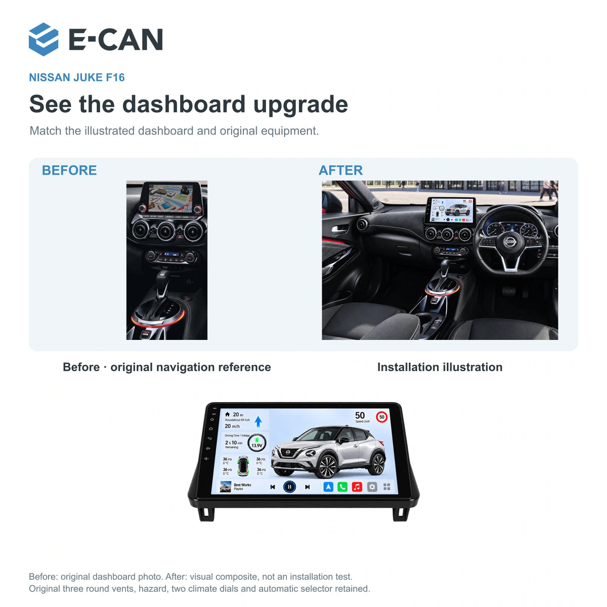 Nissan Juke F16 2019–2023, 10-inch RHD fascia: 03 installation comparison. Standard QLED1280x720; 2K screens optional.