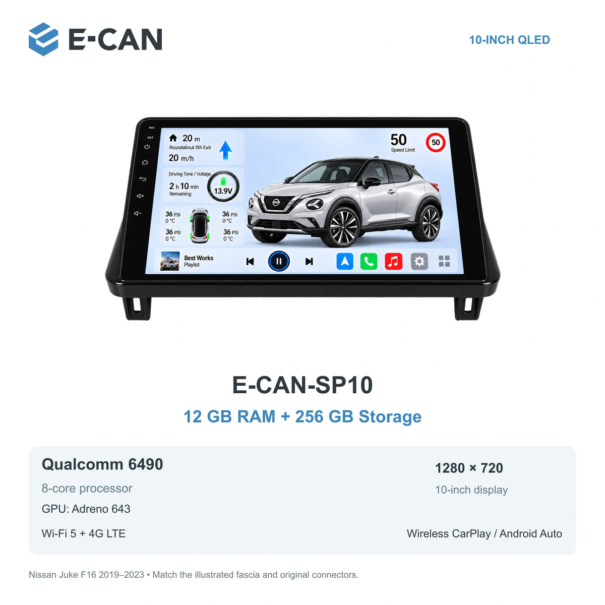 Nissan Juke F16 2019–2023, 10-inch RHD fascia: 05 sp10 12 256gb. Standard QLED1280x720; 2K screens optional.