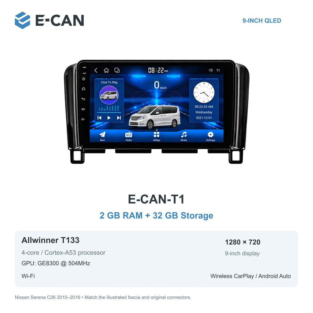 Nissan Serena C26 2010–2016, 9-inch RHD fascia: 01 t1 2 32gb. Standard QLED1280x720; 2K screens optional.
