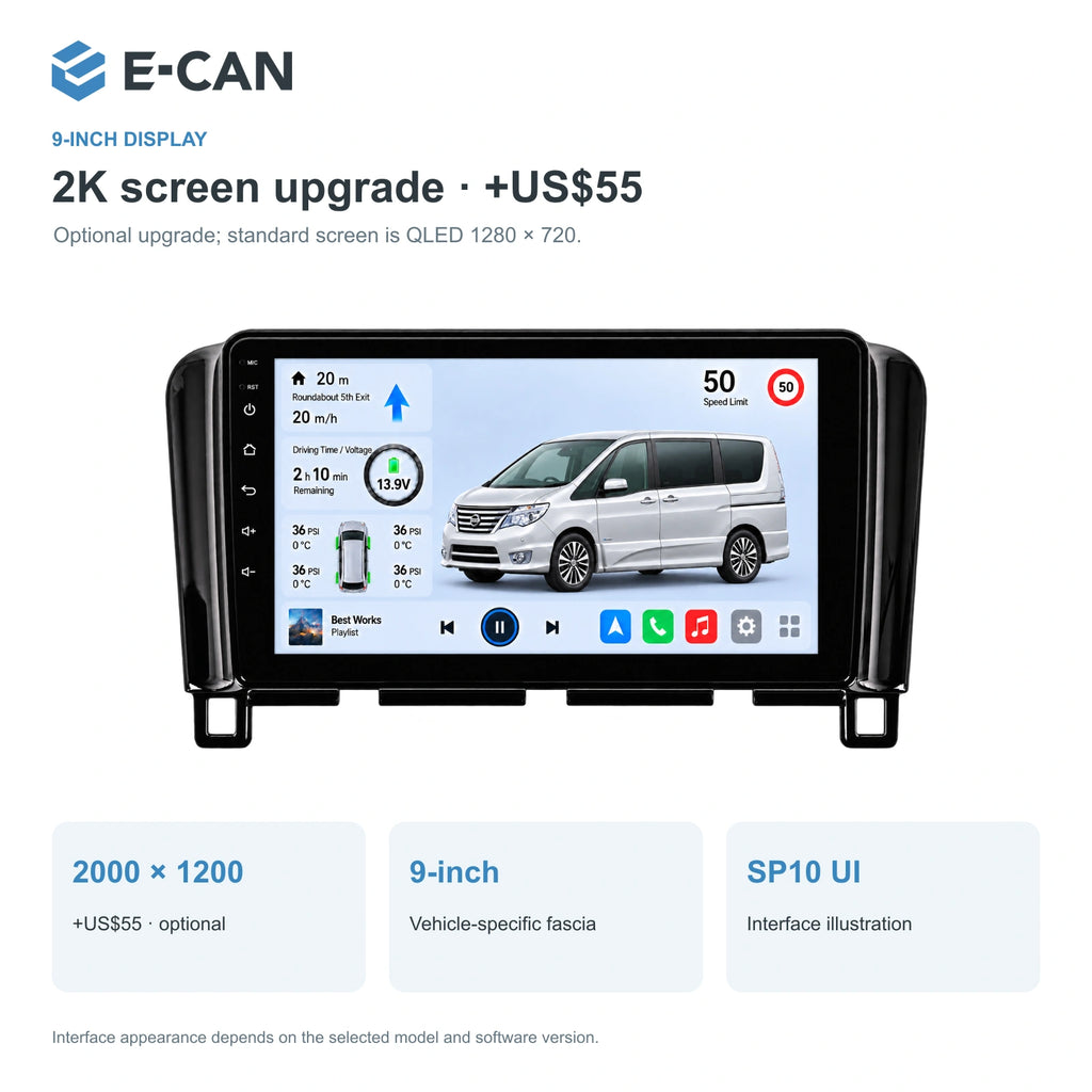 Nissan Serena C26 2010–2016, 9-inch RHD fascia: 02 2k display. Standard QLED1280x720; 2K screens optional.