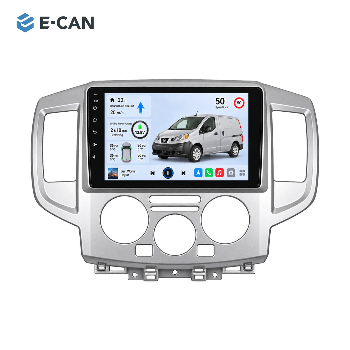 Nissan NV200 M20 · silver fascia 2013–2018, 9-inch LHD fascia: 01 product white. Standard QLED1280x720; 2K screens optional.