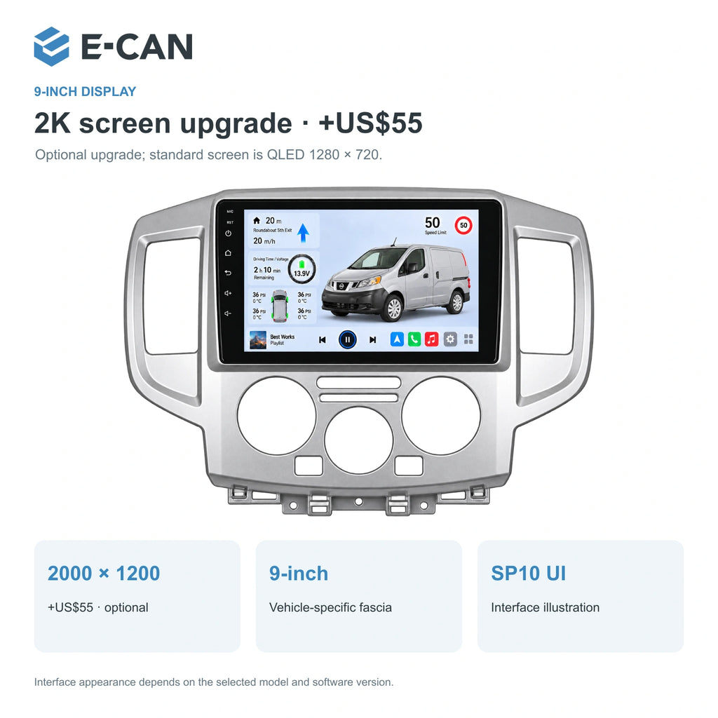 Nissan NV200 M20 · silver fascia 2013–2018, 9-inch LHD fascia: 02 2k display. Standard QLED1280x720; 2K screens optional.