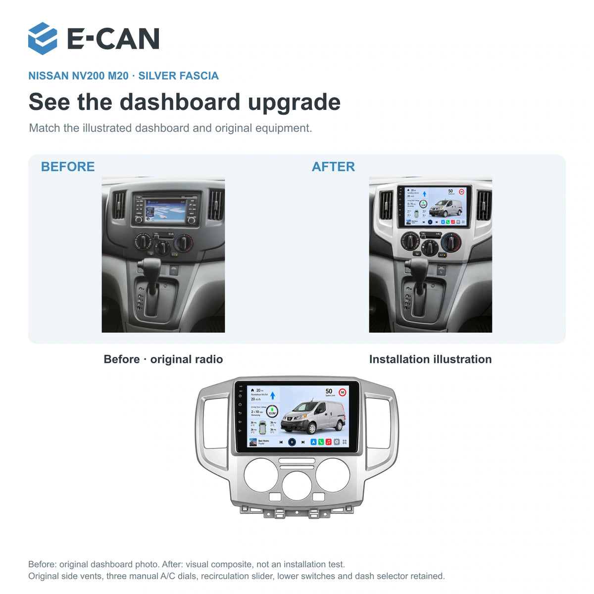 Nissan NV200 M20 · silver fascia 2013–2018, 9-inch LHD fascia: 03 installation comparison. Standard QLED1280x720; 2K screens optional.