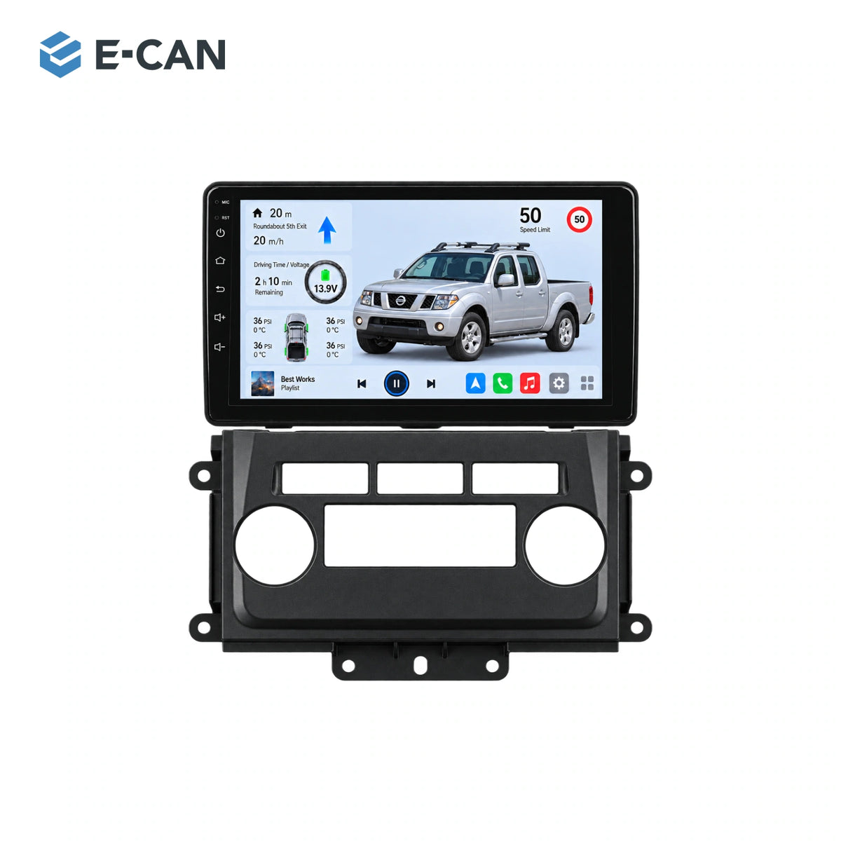 Nissan Frontier D40 2009–2012, 9-inch LHD fascia: 01 product white. Standard QLED1280x720; 2K screens optional.